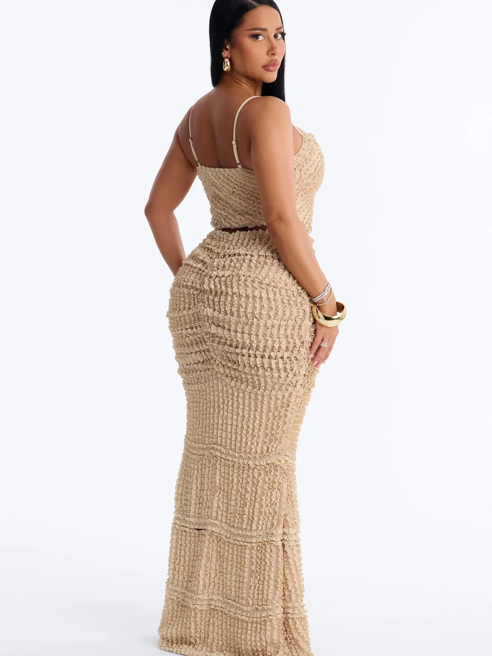 Fashion Nova Kelsey Beige Textured Two-Piece Maxi Skirt Set Sz L - Picture 4 of 5